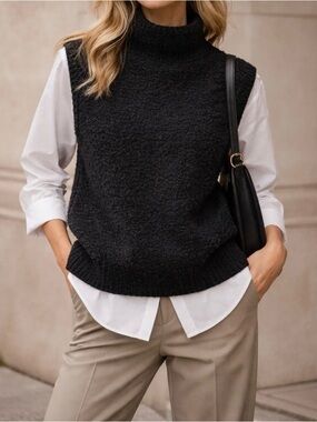 ZARA Bouclé Black Knit Sweater Vest, Size XS